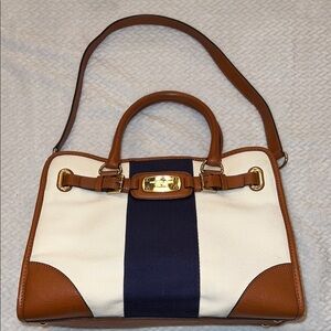 Michael Kors Hamilton Bag Large Blue Stripe Satchel Creme Leather Trim